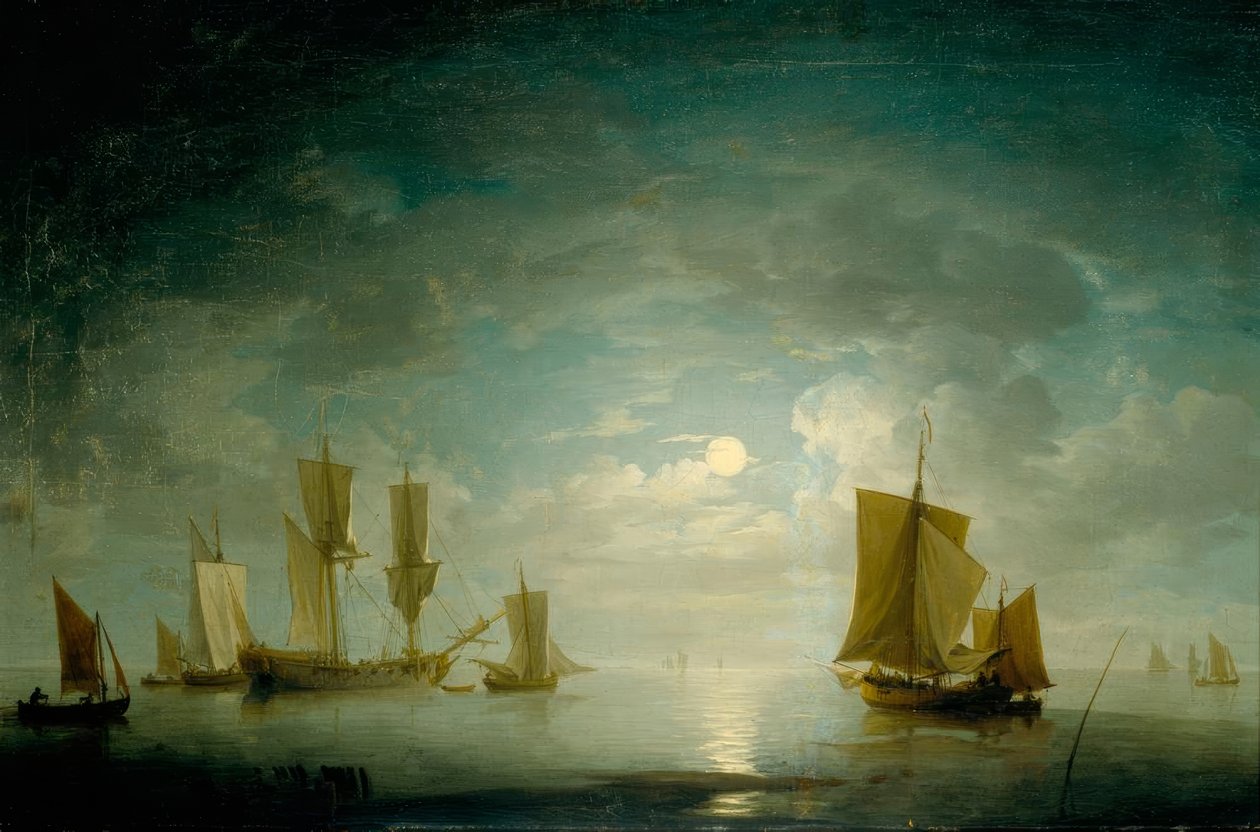 Eine englische Fregatte und Küstenfahrzeug bei Mondlicht von Charles Brooking