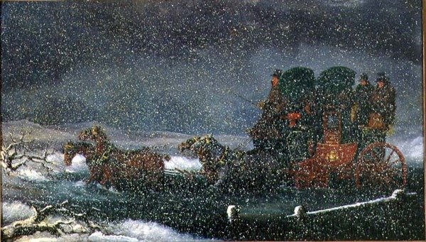 Eine Postkutsche durchquert einen Bach in einem Schneesturm von Charles Cooper Henderson