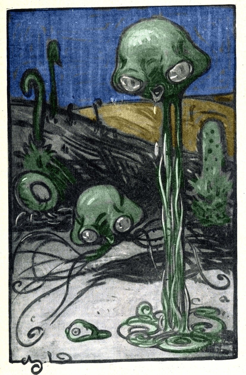 Illustration von M. Dudouyt für den Roman von H. G. Wells (1866-1946) „Der Krieg der Welten“; Darstellung der Bewohner des Planeten Mars von Charles Dudouyt