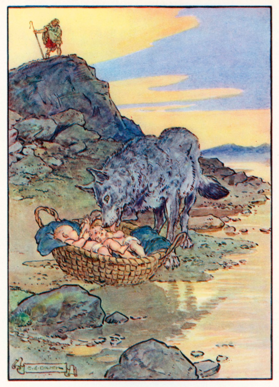 Faustulus, der Hirte des Königs, sah zufällig, dass sie sie mit ihrer Zunge leckte von Charles Edmund (after) Brock