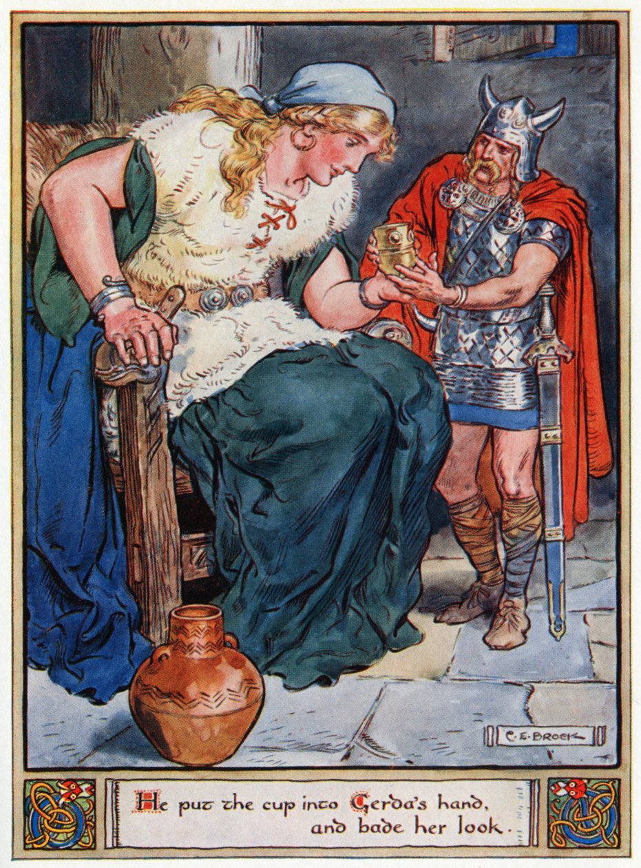 Er gab Gerda die Tasse in die Hand und befahl ihr zu schauen, Illustration aus 