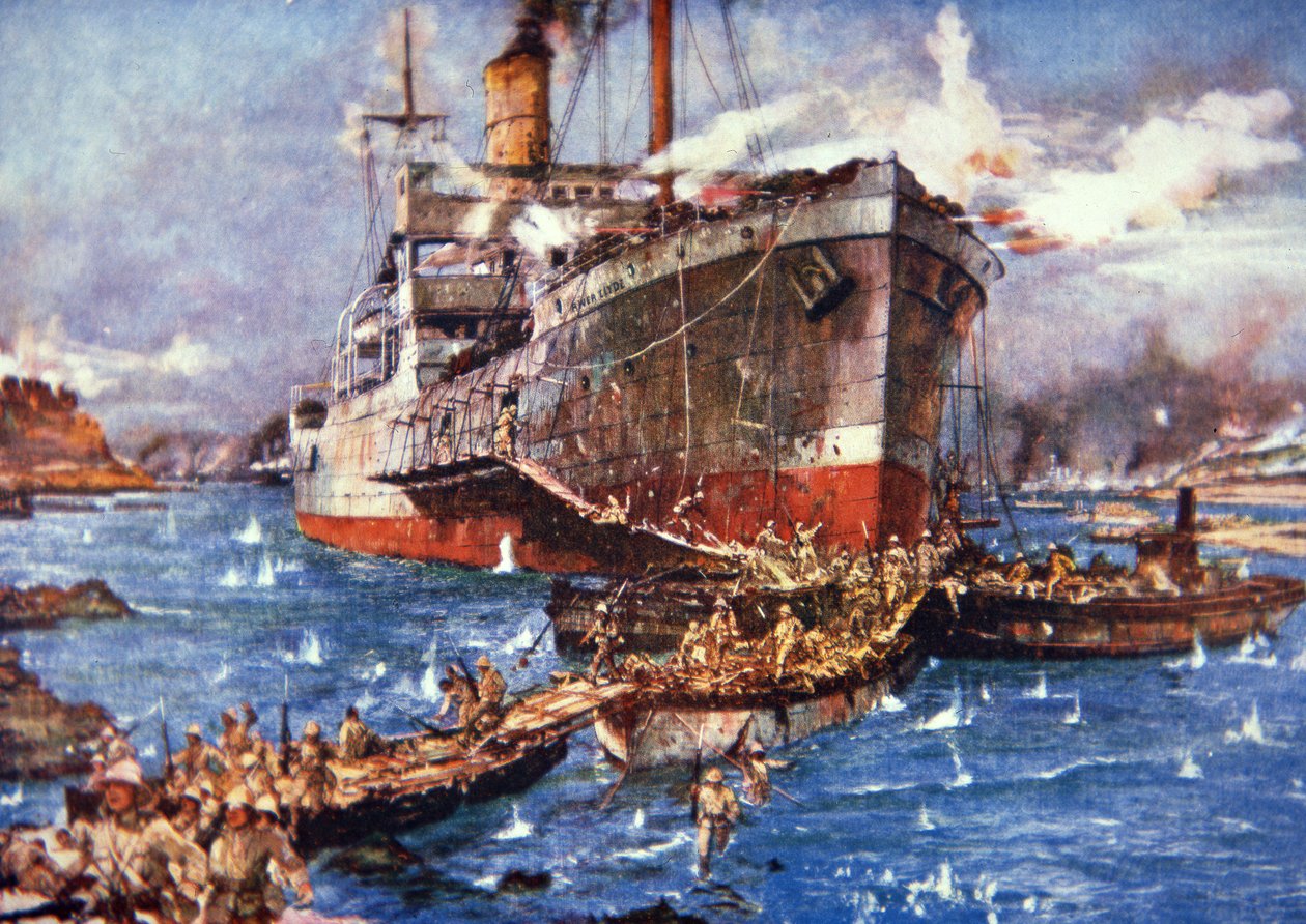 Britische Truppen landen vom Fluss Clyde am V Beach, Gallipoli, 25. April 1915 von Charles Edward Dixon