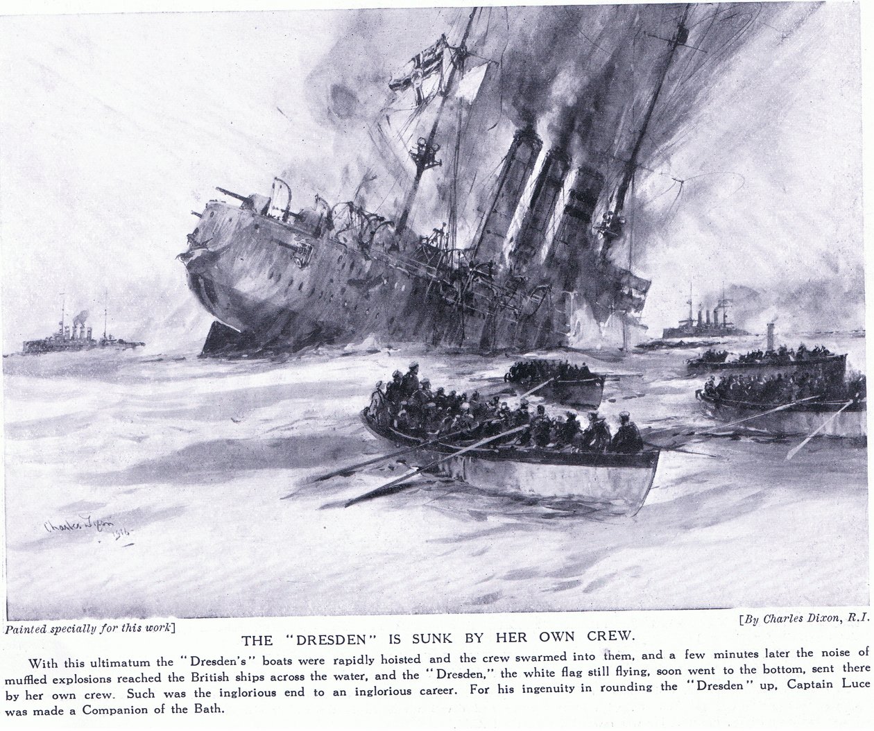 Die Dresden wird von ihrer eigenen Besatzung versenkt, März 1915 von Charles Edward Dixon