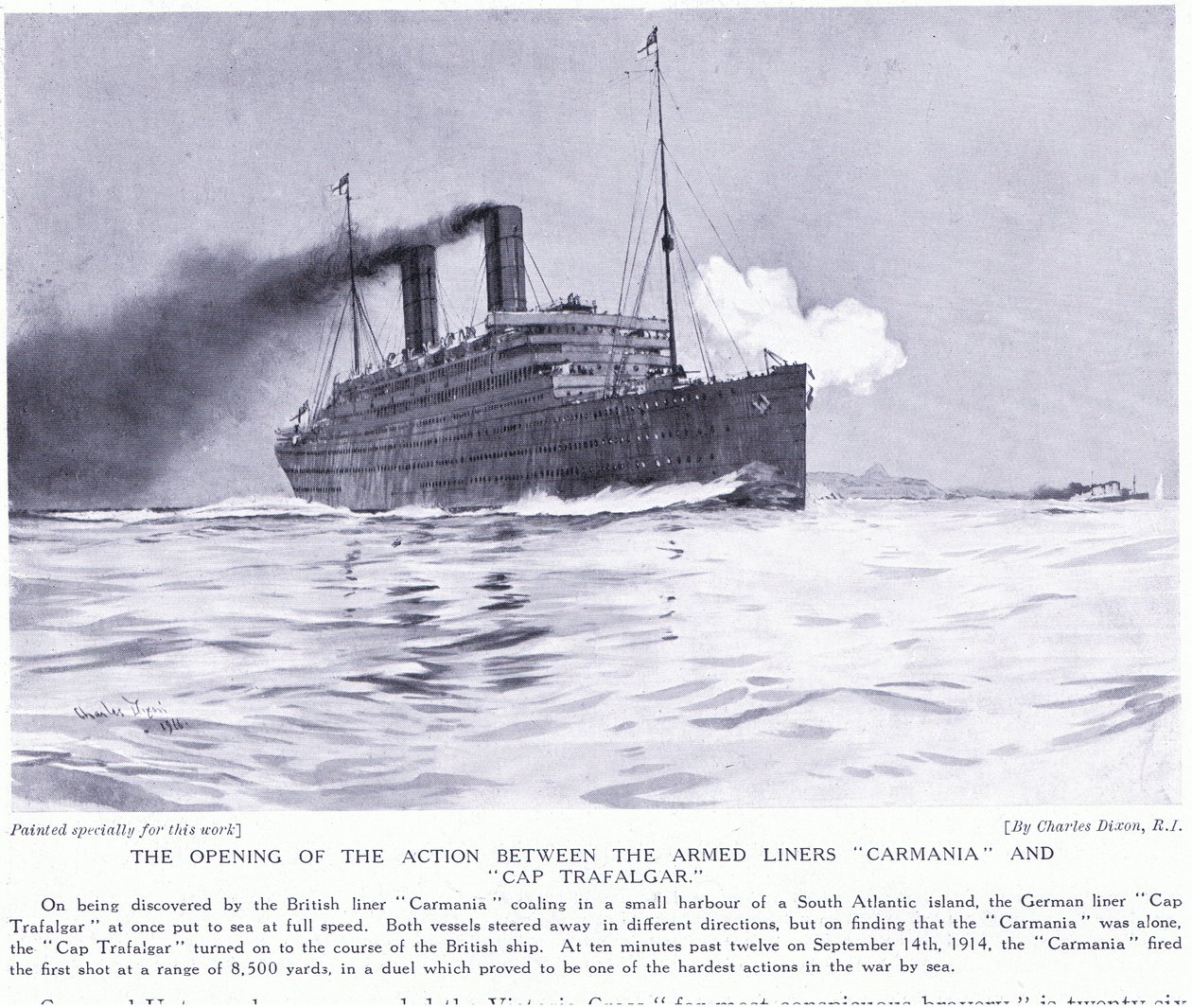Die Eröffnungsaktion zwischen den bewaffneten Linern Carmania und Cap Trafalgar, Südatlantik, September 1915 von Charles Edward Dixon