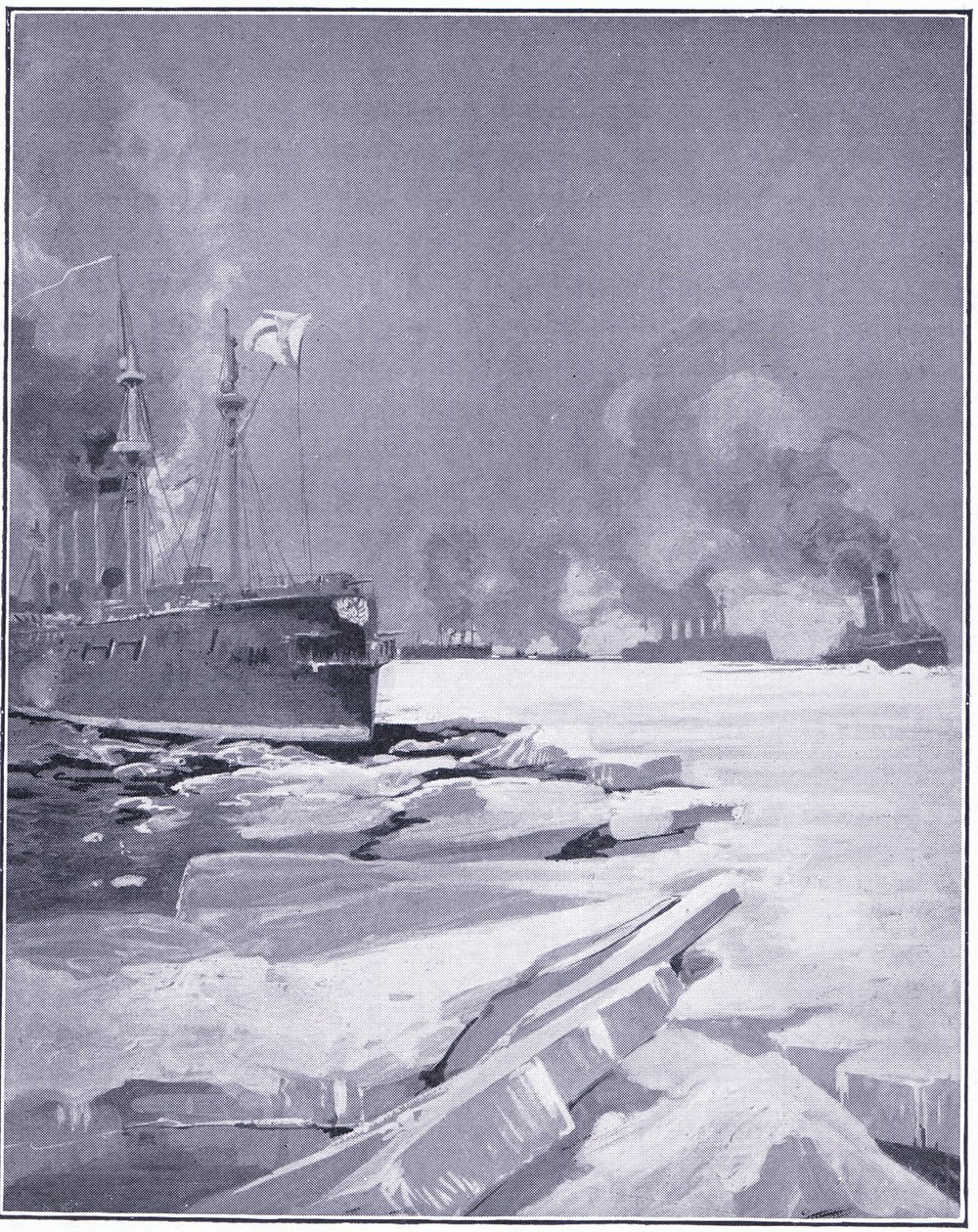 Wladiwostok-Geschwader zwingt sich durch das Eis aus dem Hafen von Wladiwostok, Illustration aus Cassells Geschichte des Russisch-Japanischen Krieges Band 1, ca. 1900 von Charles Edward Dixon