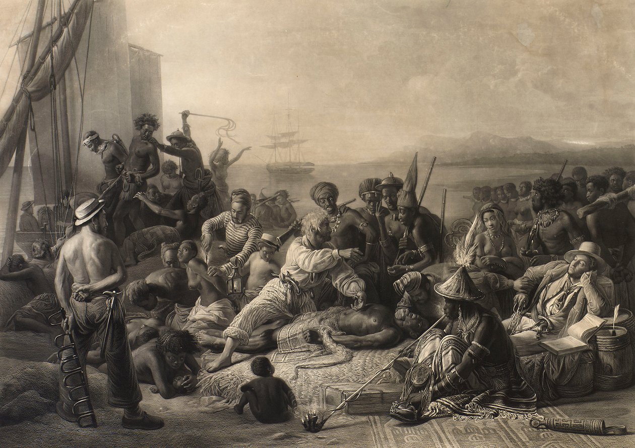 Szene an der Küste Afrikas: Sklaven und Sklavenhalter warten auf den Transport ins Ausland von Charles Edward Wagstaff