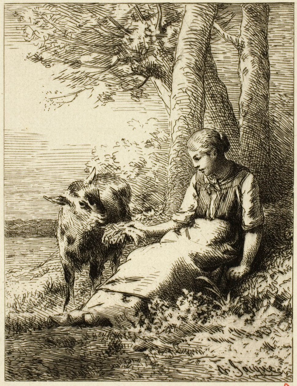 Hirte mit Schafherde am Waldrand von Charles Emile Jacque
