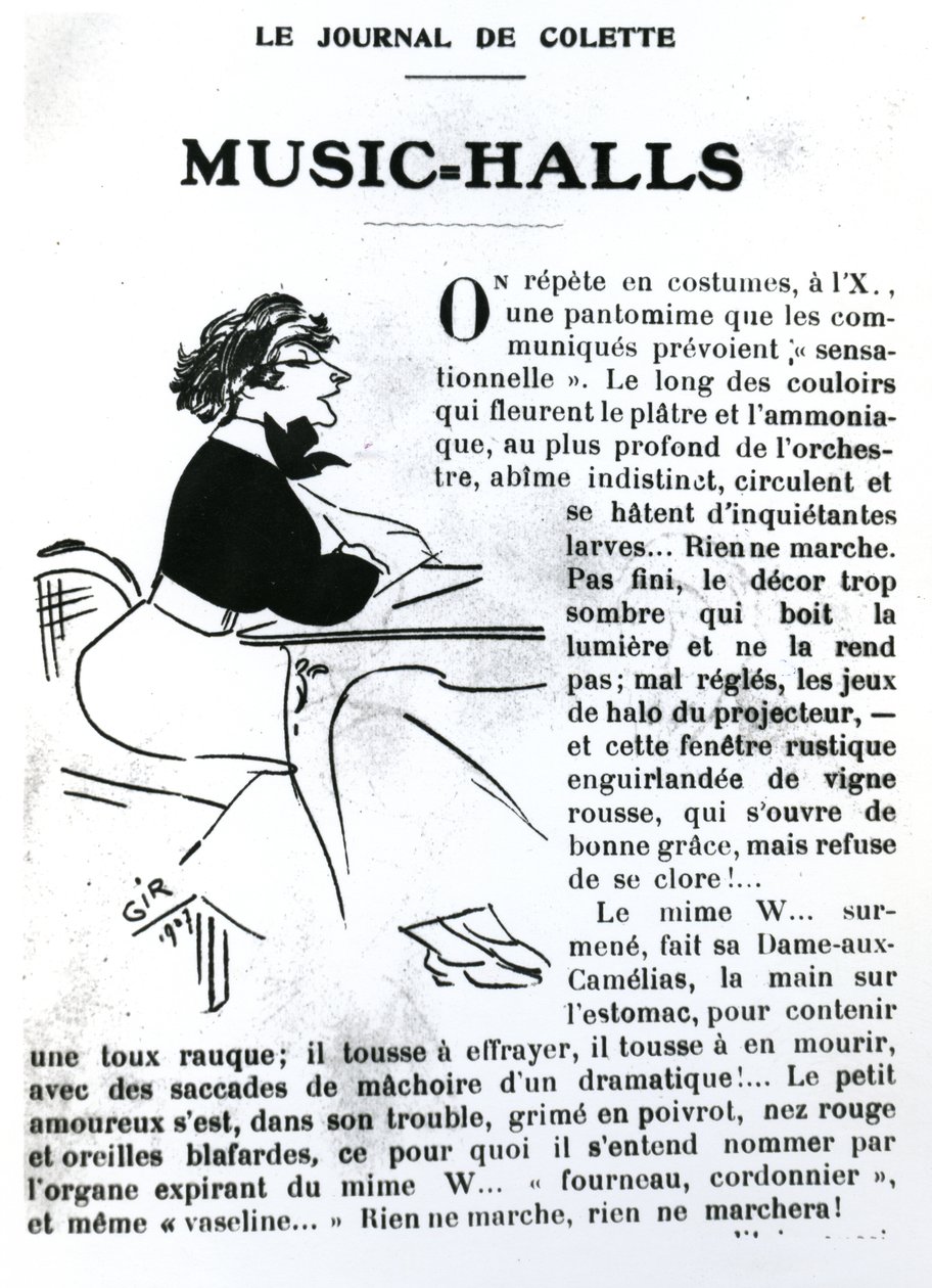 Karikatur von Colette aus ihrem Essay über Music-Halls in Vrilles de la Vigne, veröffentlicht in La Vie Parisienne, Paris, 1908 von Charles Felix Gir