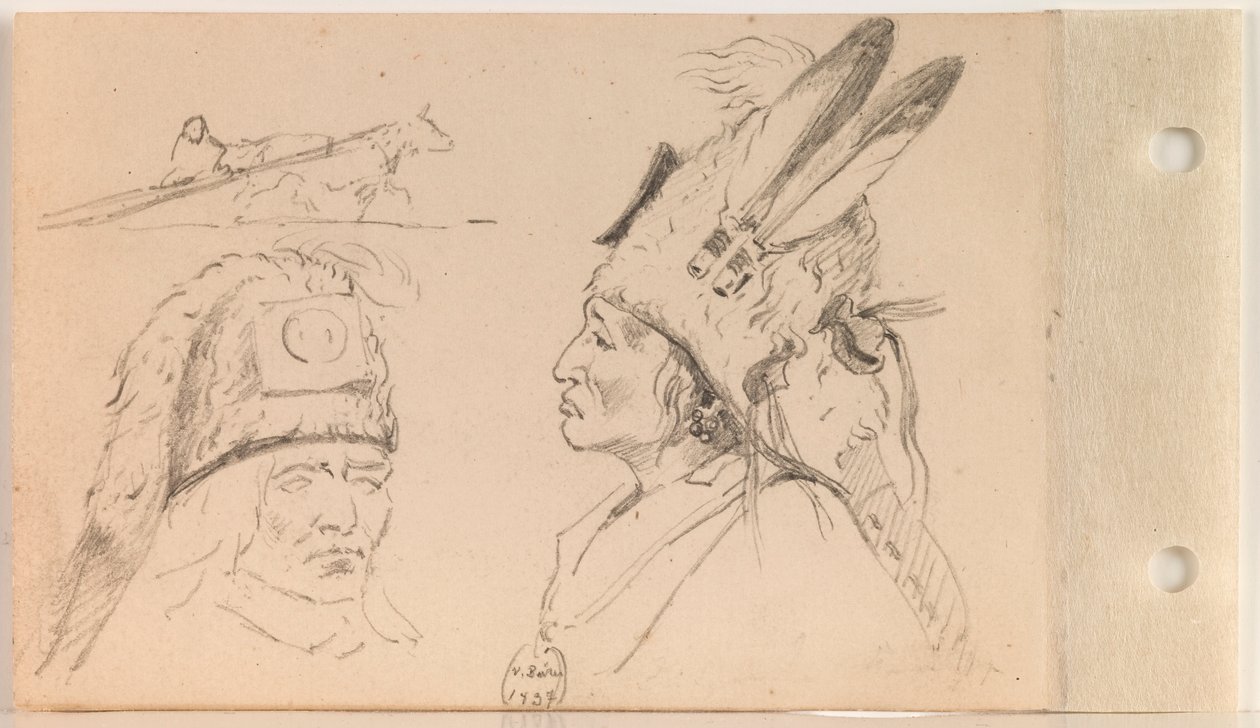 Studien von Palaneapape (Struck-by-Ree oder Struck-by-Arikara) und einem Hund Travois (Blatt 21 verso) von Charles Ferdinand Wimar