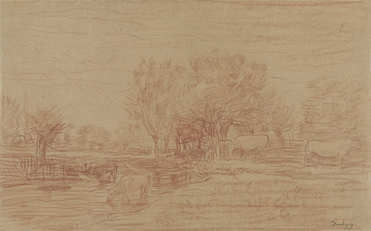 Landschaft mit grasenden und trinkenden Kühen und einem zuschauenden Stier von Charles Francois Daubigny