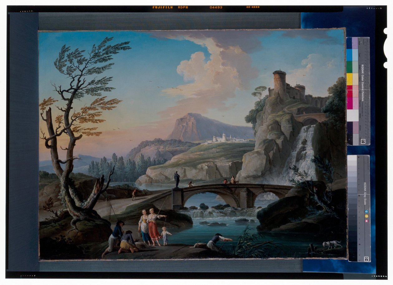 Eine Flusslandschaft mit Fischern, die ihre Netze einholen, eine felsige Landschaft und eine Fußbrücke dahinter von Charles François Grenier de Lacroix