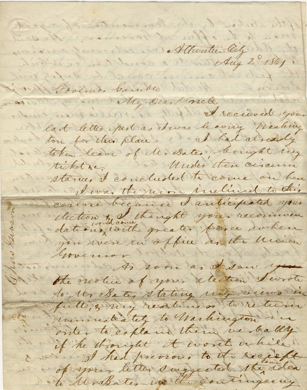 Brief unterzeichnet C. Gibson [Charles Gibson], Atlantic City, an Gouverneur Gamble [Hamilton R. Gamble], 2. August 1861 von Charles Gibson