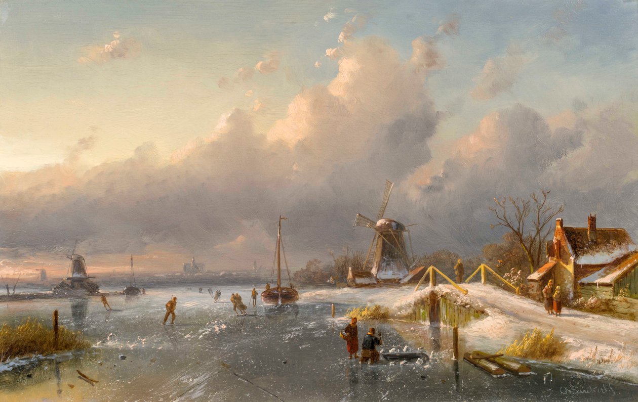 Eine Winterlandschaft mit Windmühlen und Schlittschuhläufern auf einem zugefrorenen Wasserweg, 1840er-50er Jahre von Charles Henri Joseph Leickert