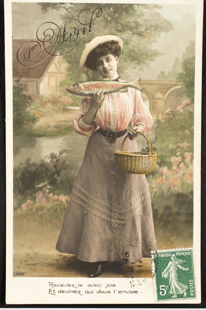 Alte Postkarte/Aprilfisch/Frau der Belle Époque von Augustus Kollner