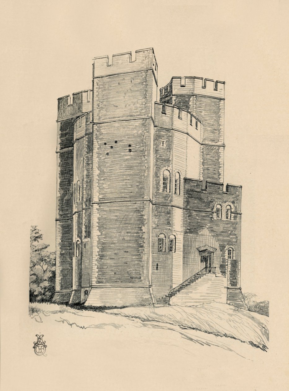 Außenansicht von Orford Castle, Suffolk, die Zinnen restauriert von Charles Henry Bourne Quennell