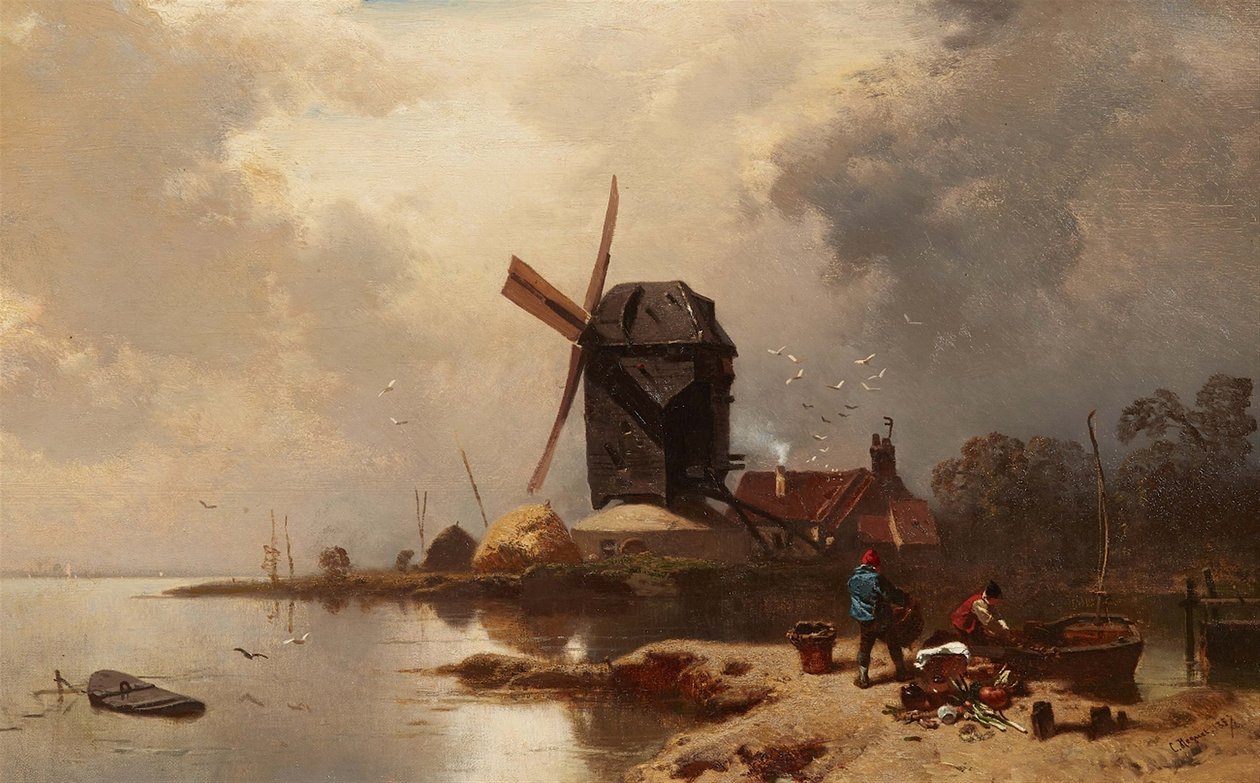 Bockwindmühle an einem Seeufer von Charles Hoguet