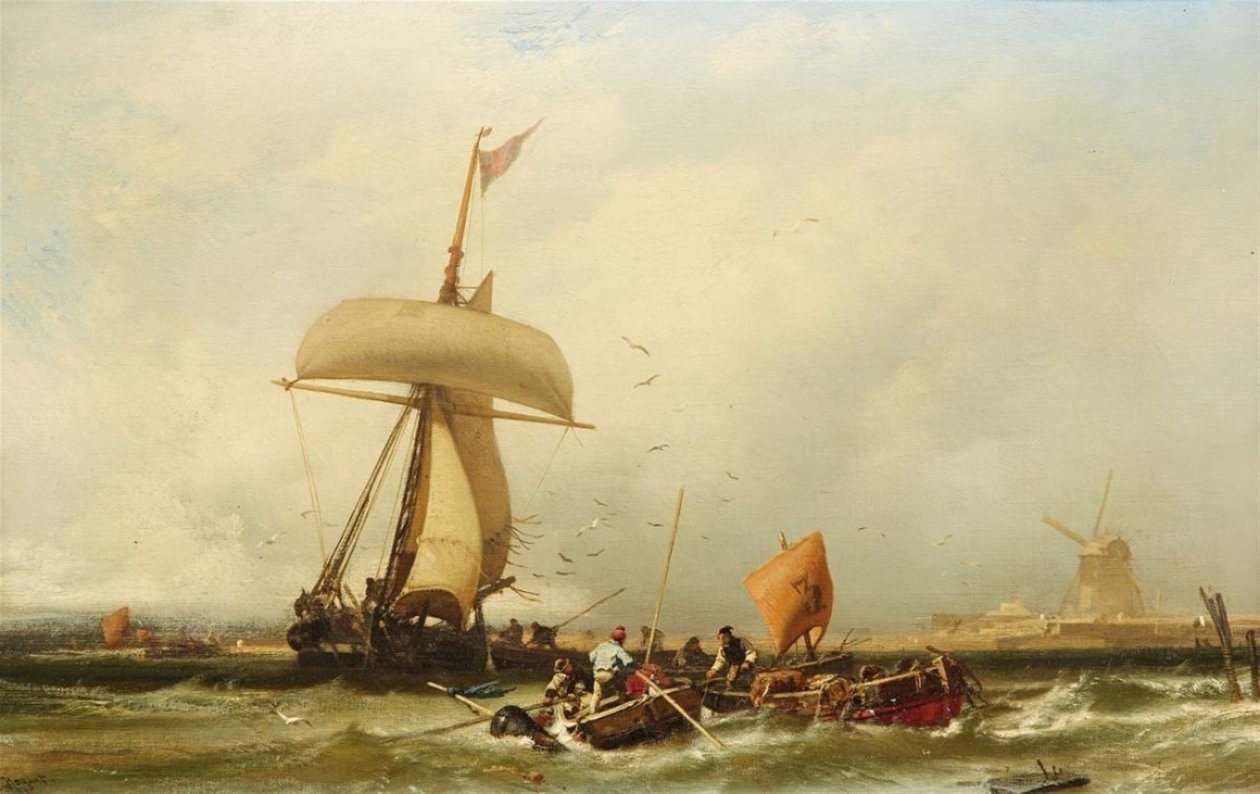 Holländische Küstenansicht mit Segelschiff und Booten von Charles Hoguet