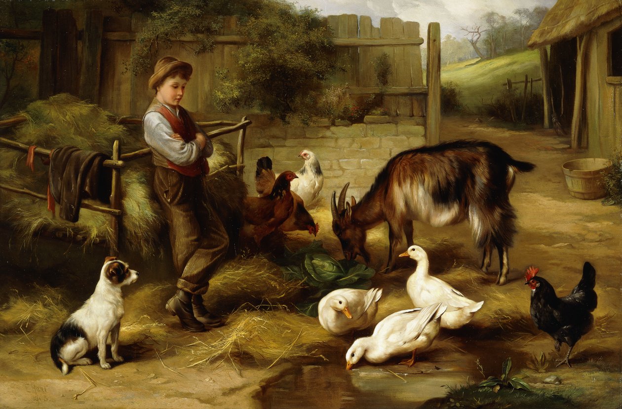 Ein Junge mit Geflügel und einer Ziege auf einem Bauernhof von Charles Hunt
