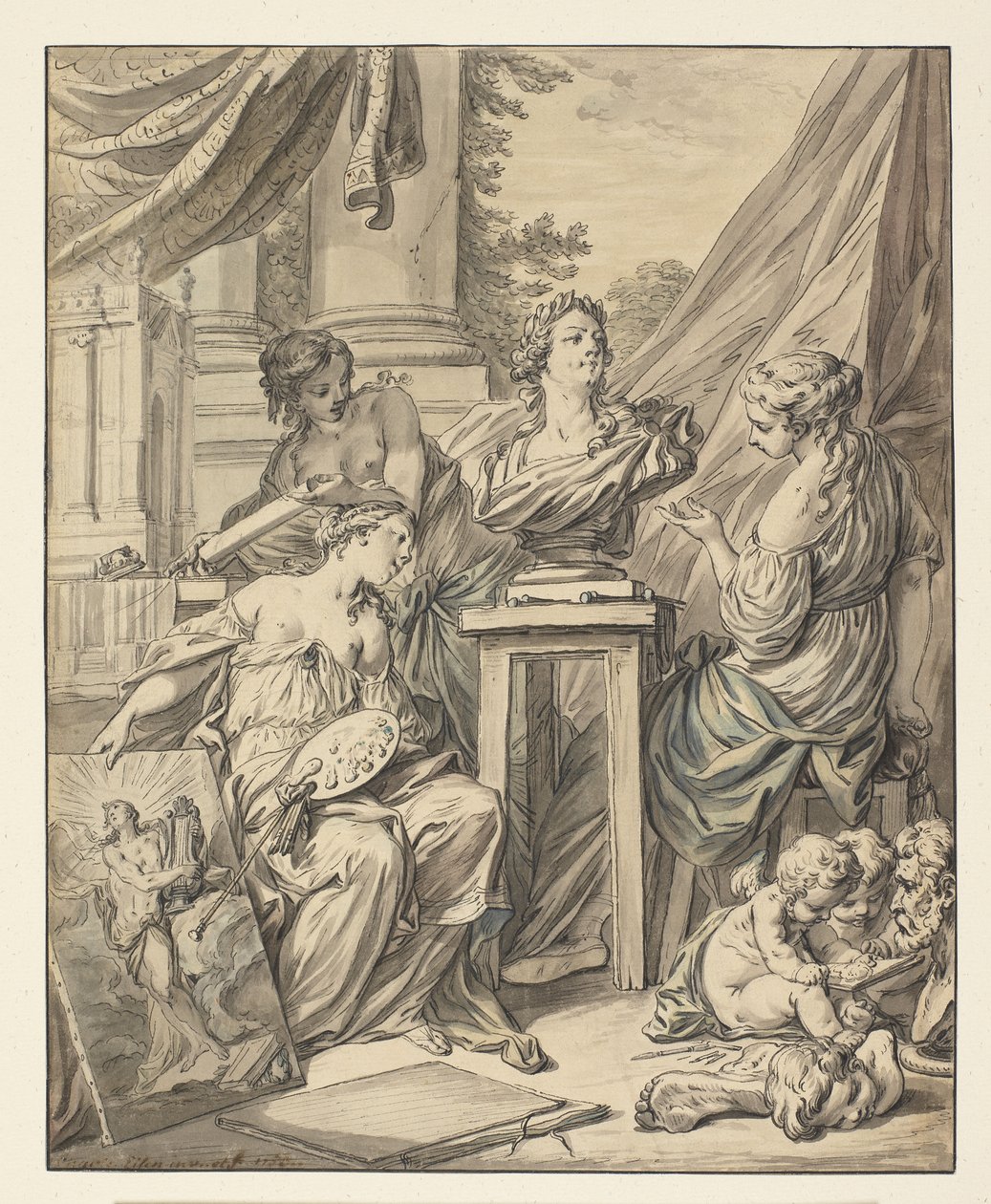 Die schönen Künste personifiziert durch drei Frauen, die Louis XV feiern, 1753 von Charles Joseph Dominique Eisen