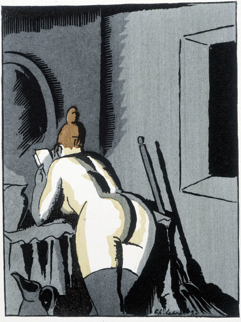 Nackte Frau, Rückenansicht, liest - in „Der Neger Leonard“ von Pierre Mac Orlan, ill. von Chas. Laborde (Charles Laborde) (1886-1941), ed. des Banners von Charles Laborde