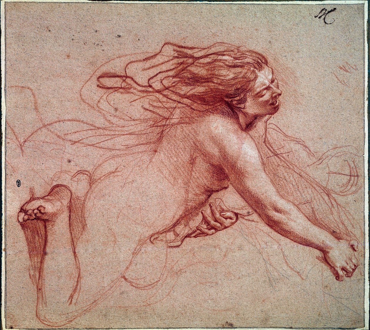 Nackte Frau auf ihren Knien. Zeichnung von Charles Lebrun von Charles Le Brun