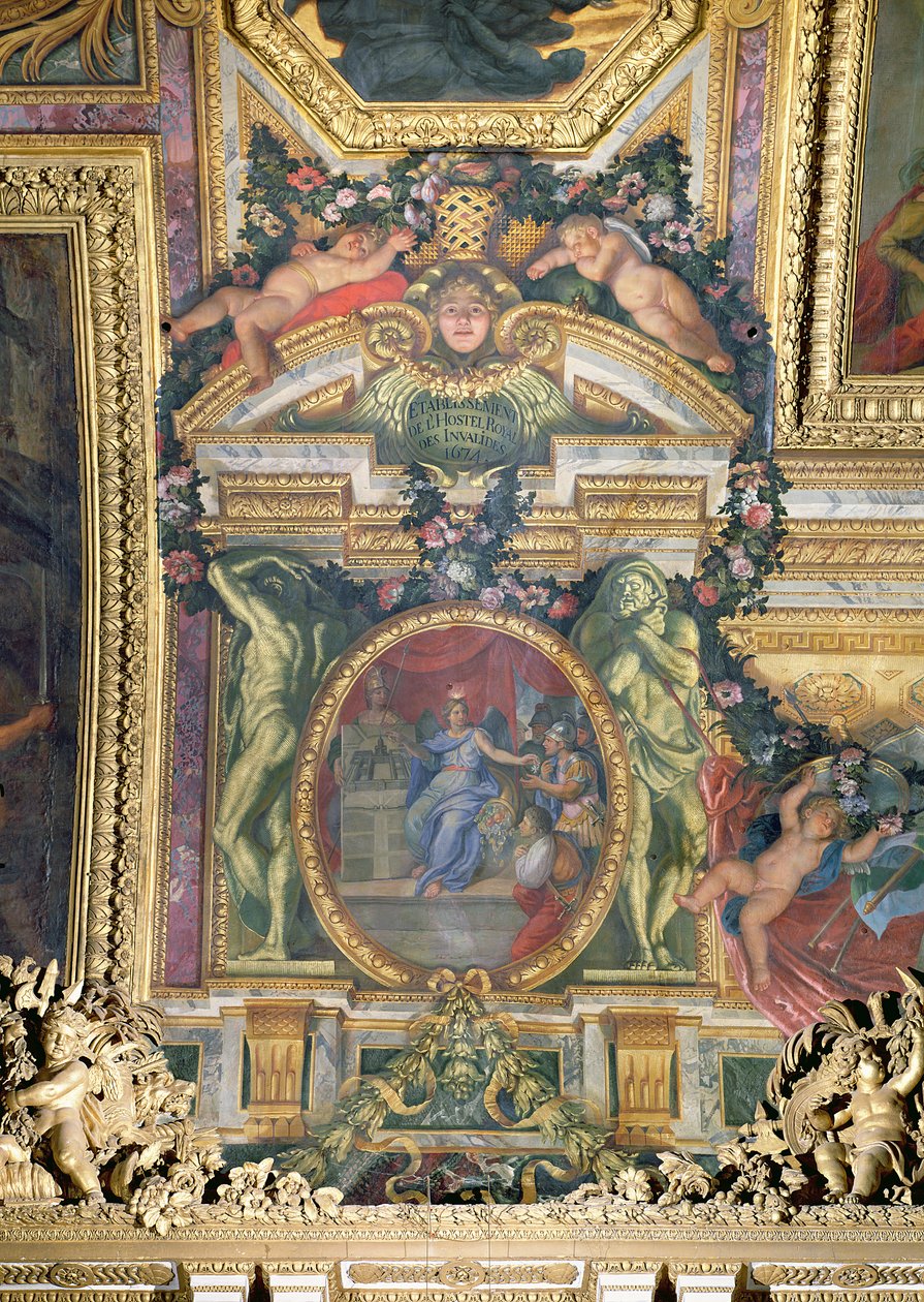 Die Gründung des Hôtel Royal des Invalides im Jahr 1674, Deckenmalerei aus der Galerie des Glaces von Charles Le Brun