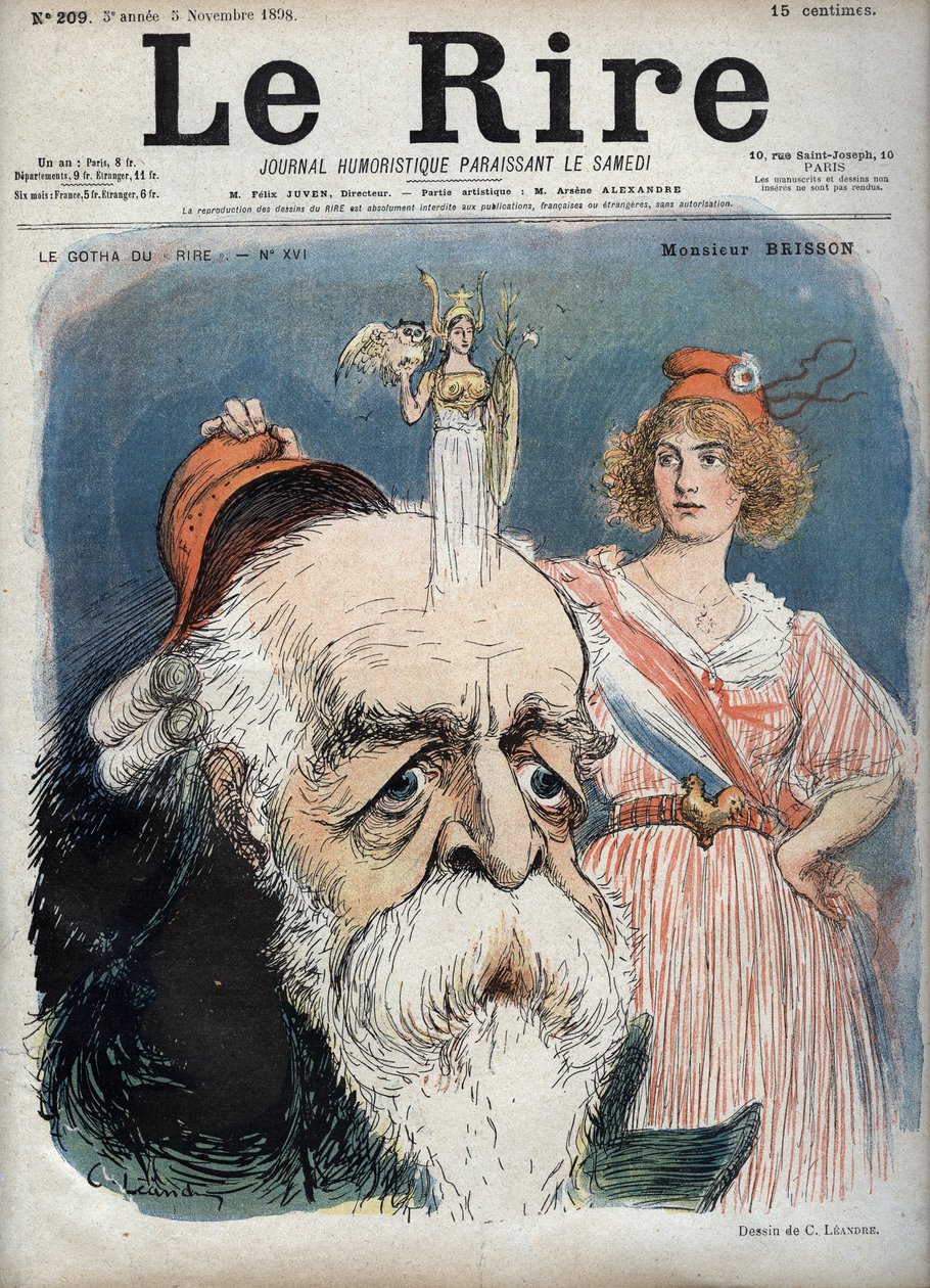 Eugène Henri Brisson (1835-1912), französischer Anwalt, Journalist und Politiker - Marianne hebt eine rote Kappe von Bressons Kopf und aus ihrem Kopf scheint die Göttin Athena mit allen Attributen zu steigen - Karikatur von Charles Leandre (1862-1934) in „ von Charles Leandre
