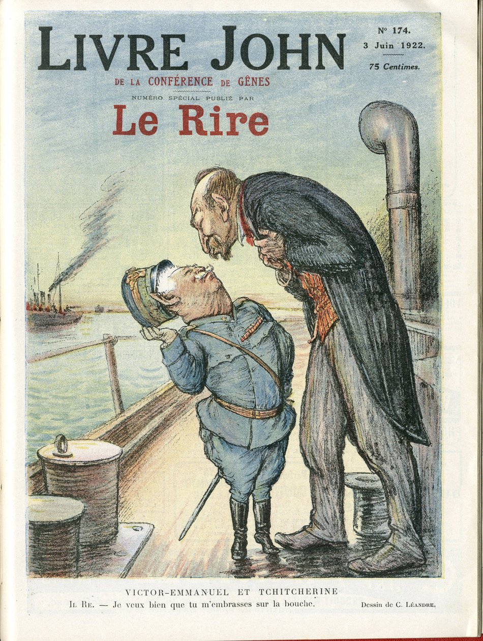 Illustration von Charles Leandre (1862-1934) für das Titelblatt von Le Rire, 03/06/22 - Italien, UdSSR - Viktor Emanuel I., Georgi Tschitscherin (1872-1936) von Charles Leandre