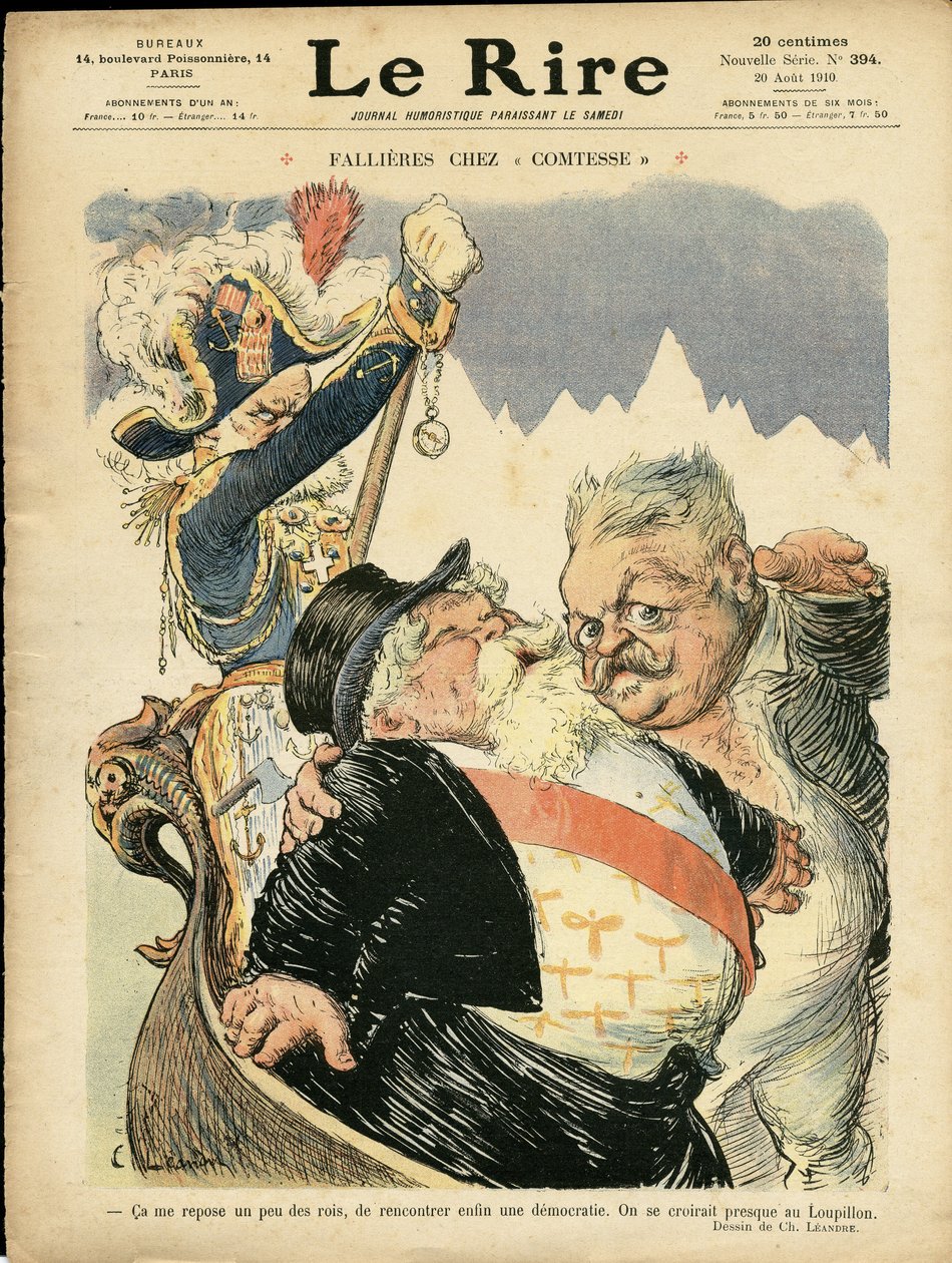 Illustration von Charles Leandre (1862-1934) für das Cover von Le Rire, 20/08/10 - Fallieres bei der Gräfin - Italien, Präsident der Republik, Hut, Identifikator, Venedig - Fallieres Armand (1841-1931) von Charles Leandre