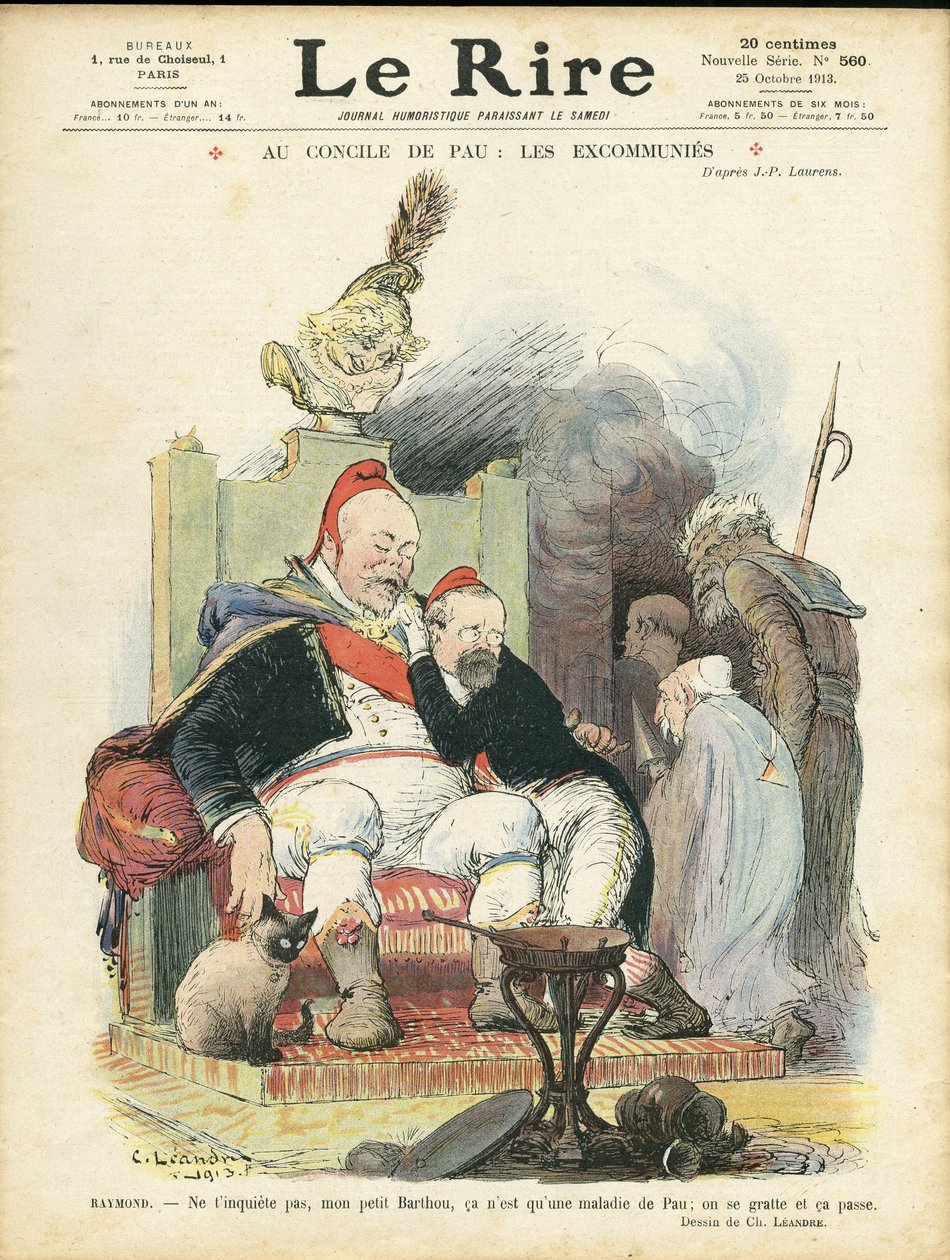 Illustration von Charles Leandre (1862-1934) für das Cover von Le Rire, 25/10/13 - Beim Rat von Pau: die Exkommunizierten - Religion Glaube, Präsident der Republik, Hut, Sessel (Symbol der Macht) - Combes Emile (1835-1921), Marianne, Poincare Raymond von Charles Leandre