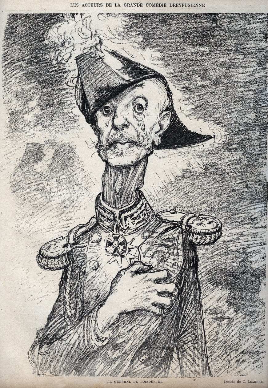 Die Schauspieler der großen Dreyfus-Komödie - Porträt von Raoul Le Mouton de Boisdeffre (General de Boisdeffre) (1839-1919), französischer Militär - Karikatur von Charles Leandre (1862-1934) in „Le Rire“ 1898 von Charles Leandre