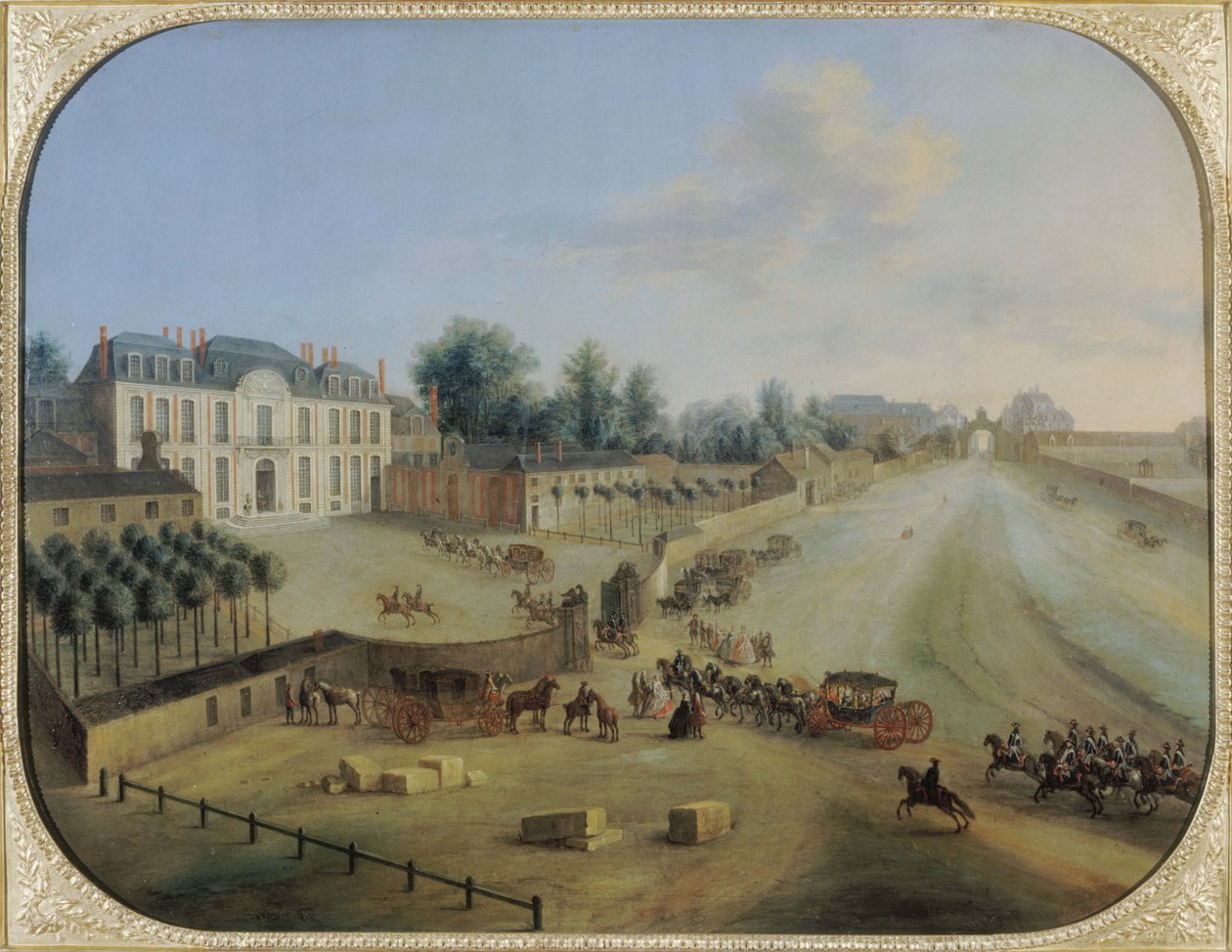 Ansicht des Château de la Muette mit der Ankunft von König Ludwig XV., um 1738 von Charles Leopold Grevenbroeck