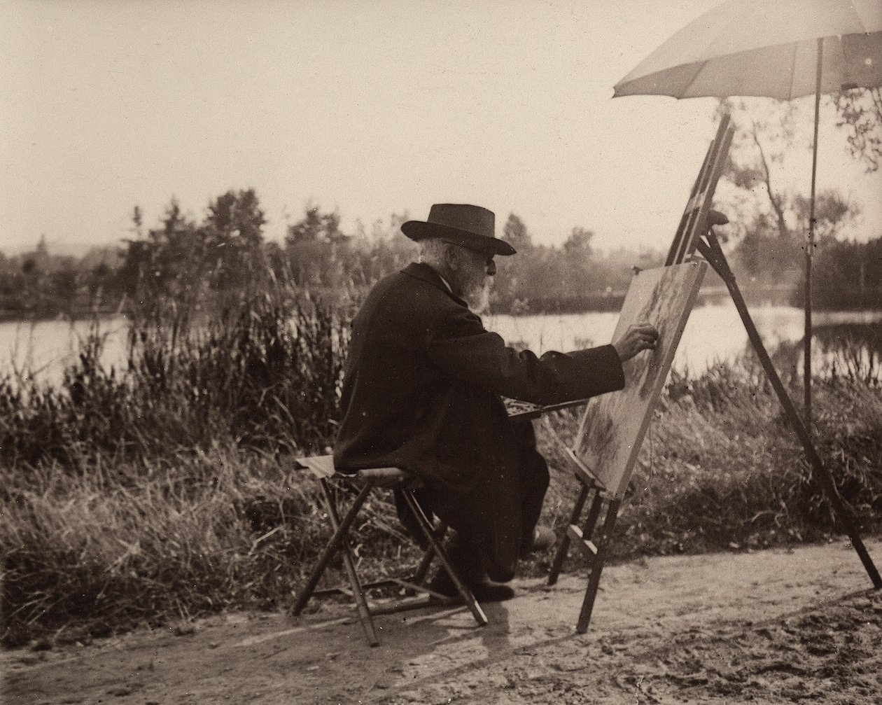 Der Maler Lhermitte Léon (1844-1925), bei der Arbeit am Ufer der Marne, nicht weit von seinem Anwesen, etwa 1914-1915, Frankreich von Charles Lhermitte