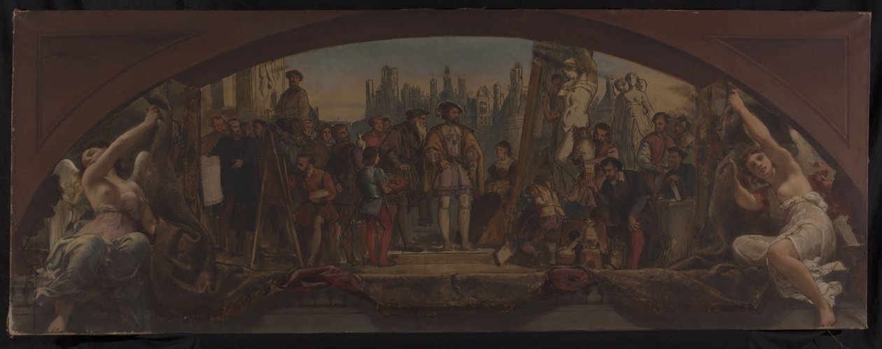 Skizze für den Denon-Pavillon im Louvre: Die vier Lebensalter der Kunst in Frankreich - Präsentation der Pläne für das Schloss Fontainebleau an Franz I., um 1864 von Charles Louis Lucien Muller
