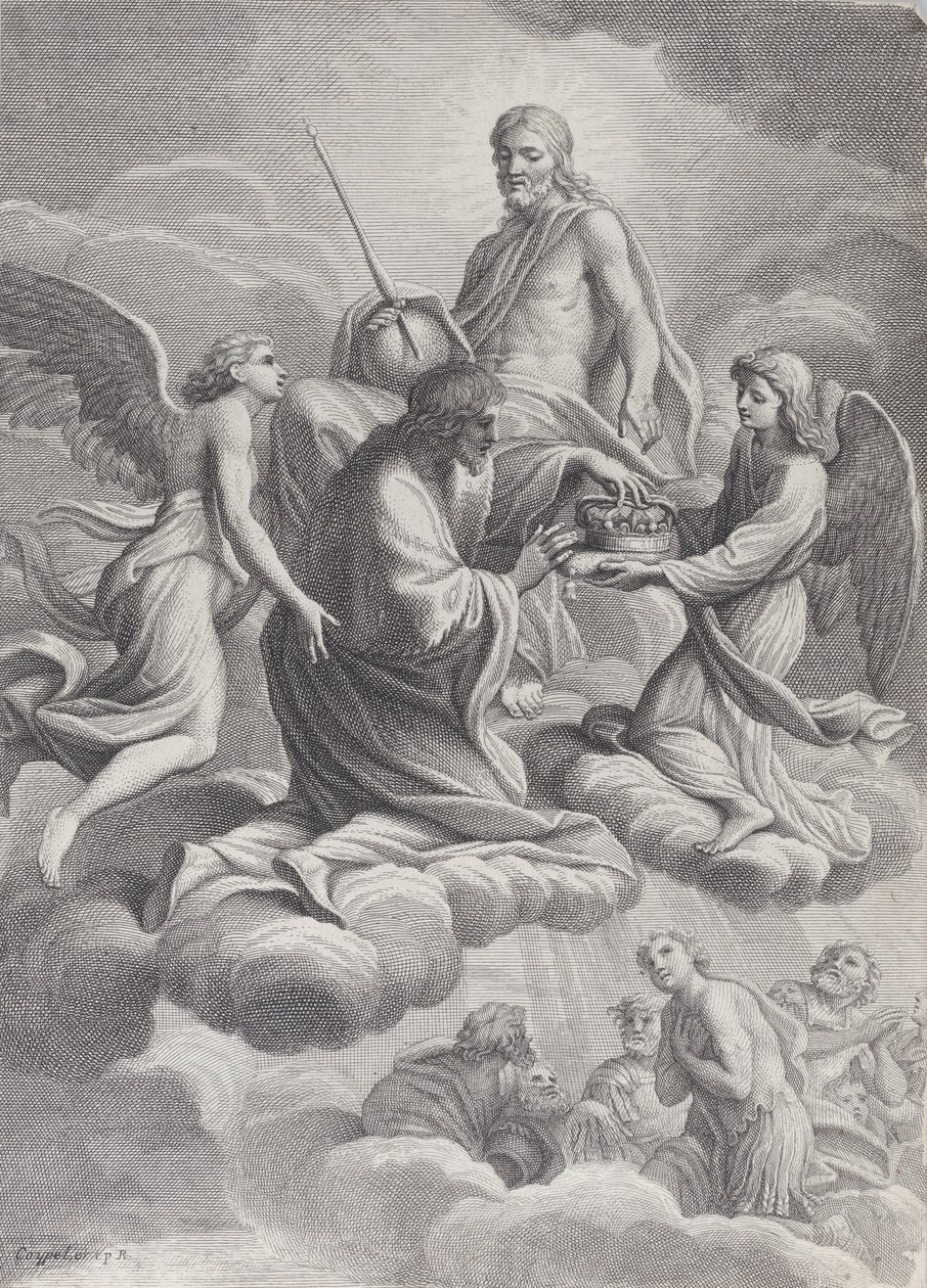 Saint Louis von Frankreich wird von Christus und zwei Engeln in den Himmel aufgenommen, die ihm die Krone anbieten von Charles Louis Simonneau