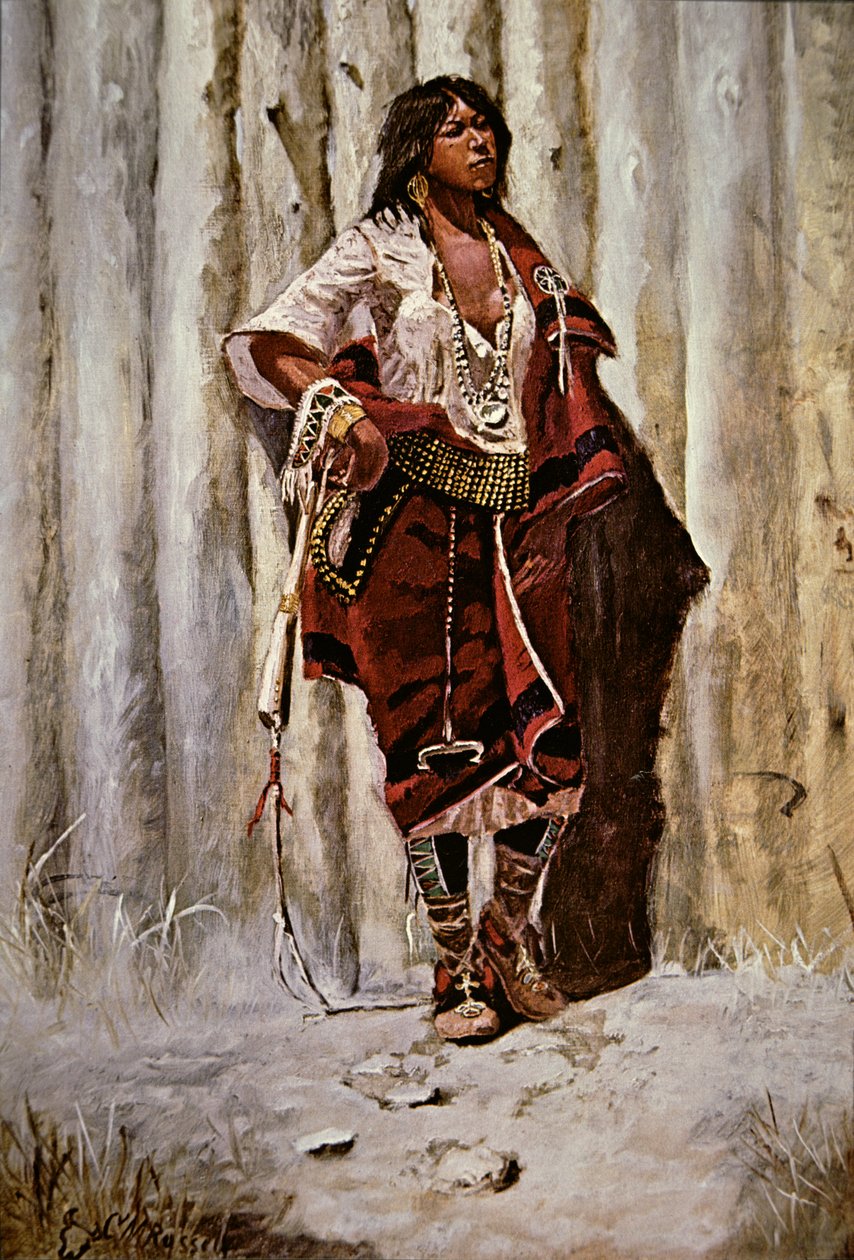 Indianisches Mädchen an der Palisade von Charles Marion Russell