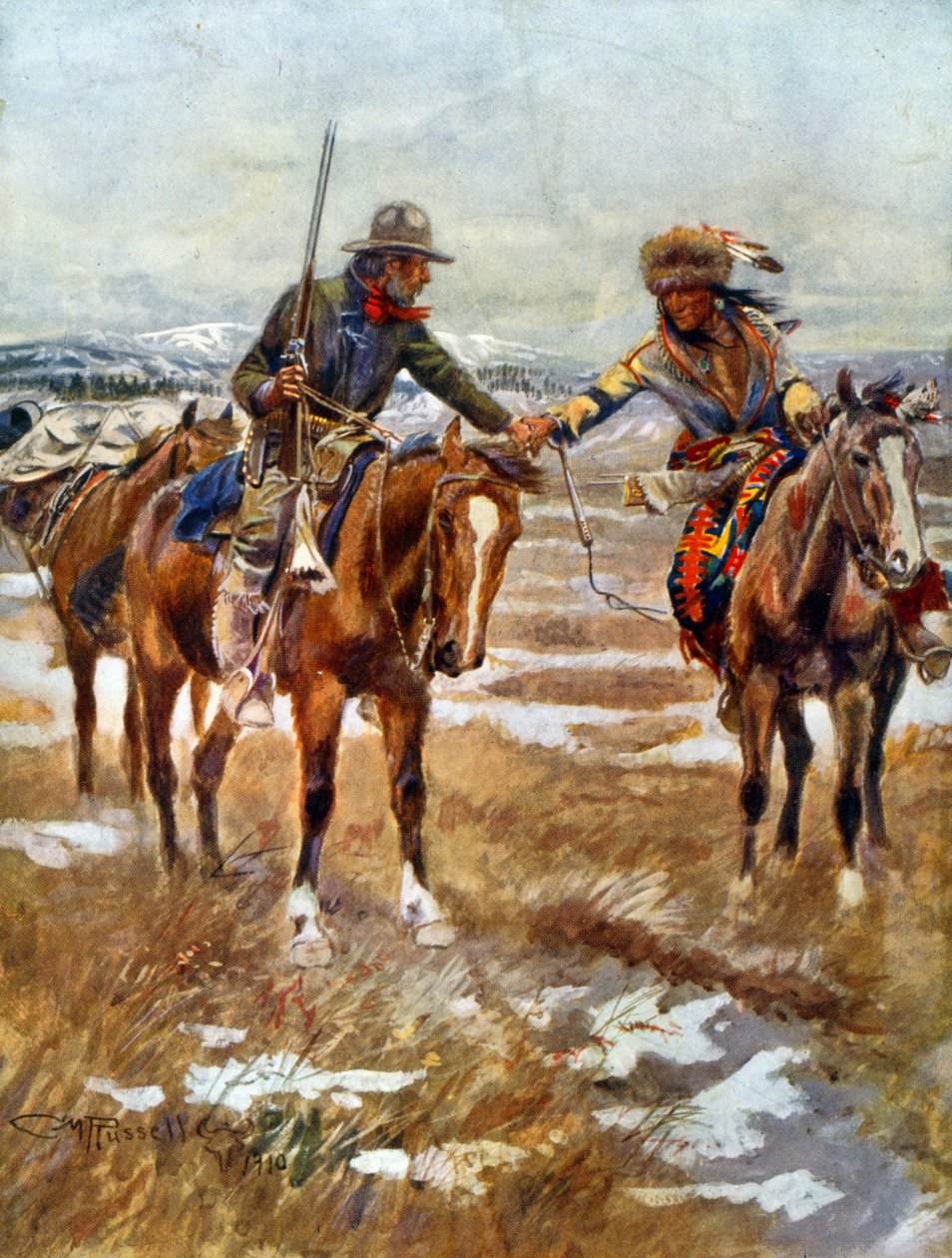 Das Treffen von Amerikanern und Ureinwohnern, die sich zu Pferd die Hände schütteln von Charles Marion Russell