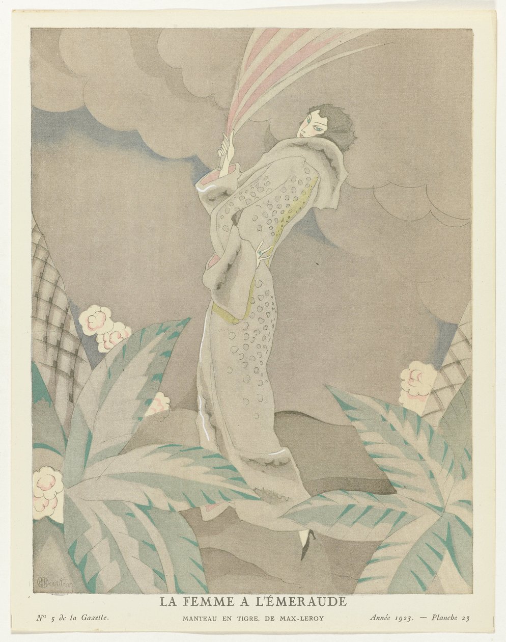 Gazette du Bon Ton 1923, Nr. 5, Pl. 23: Die Frau mit dem Smaragd - Mantel aus Tigerfell, von Max-Leroy von Charles Martin