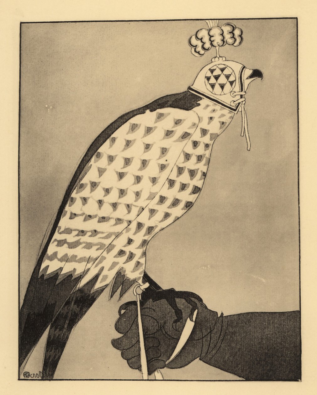Jagdfalke mit Haube auf dem Handschuh eines Falkners von Charles Martin