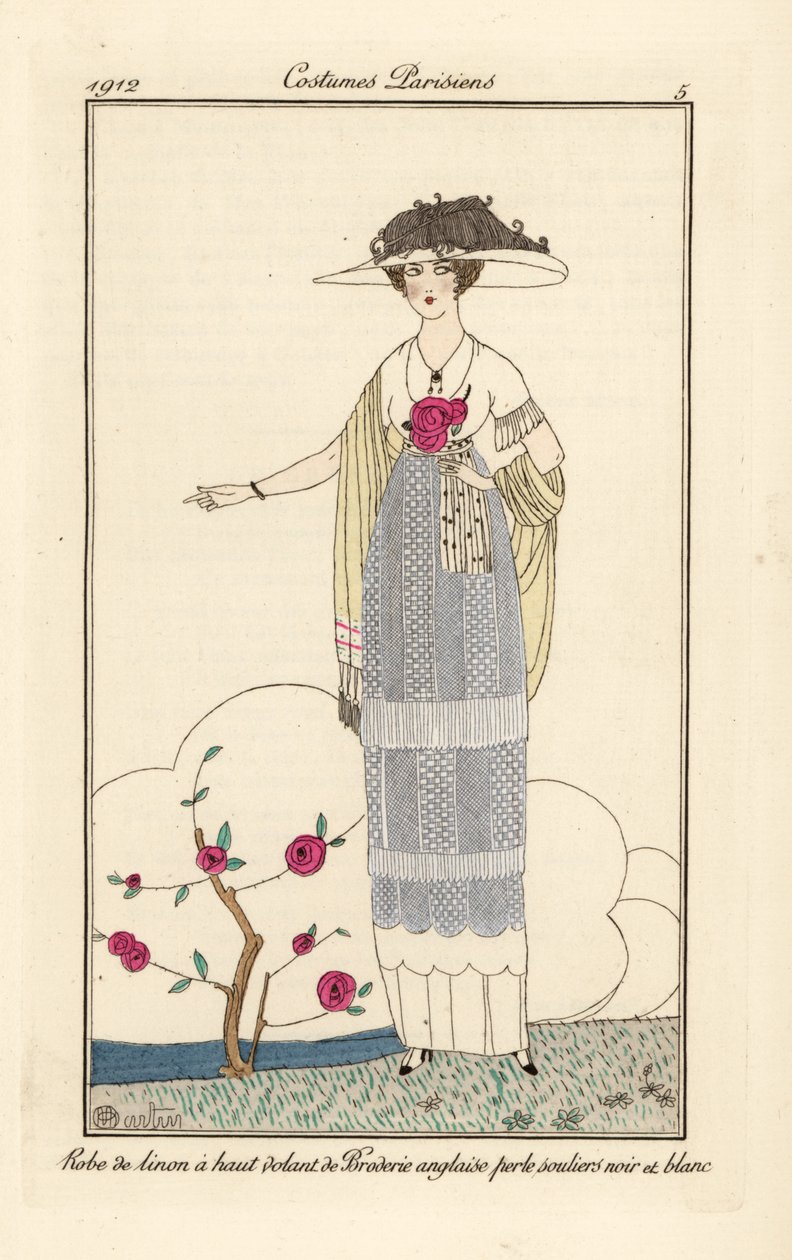 Frau im Leinenkleid mit englischer Perlenspitze, schwarz-weiße Hausschuhe von Charles Martin