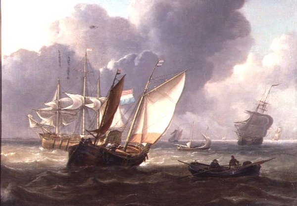 Niederländische Dreimaster und kleine Boote in einer Dünung von Charles Martin Powell