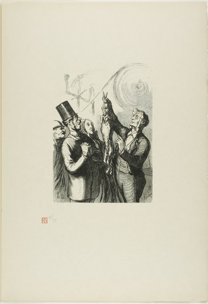 Auf der Weltausstellung: Der Hersteller von Filzhüten. Hier sehen Sie ein lebendes Kaninchen, das ich so in die Maschine werfen werde... von Charles Maurand