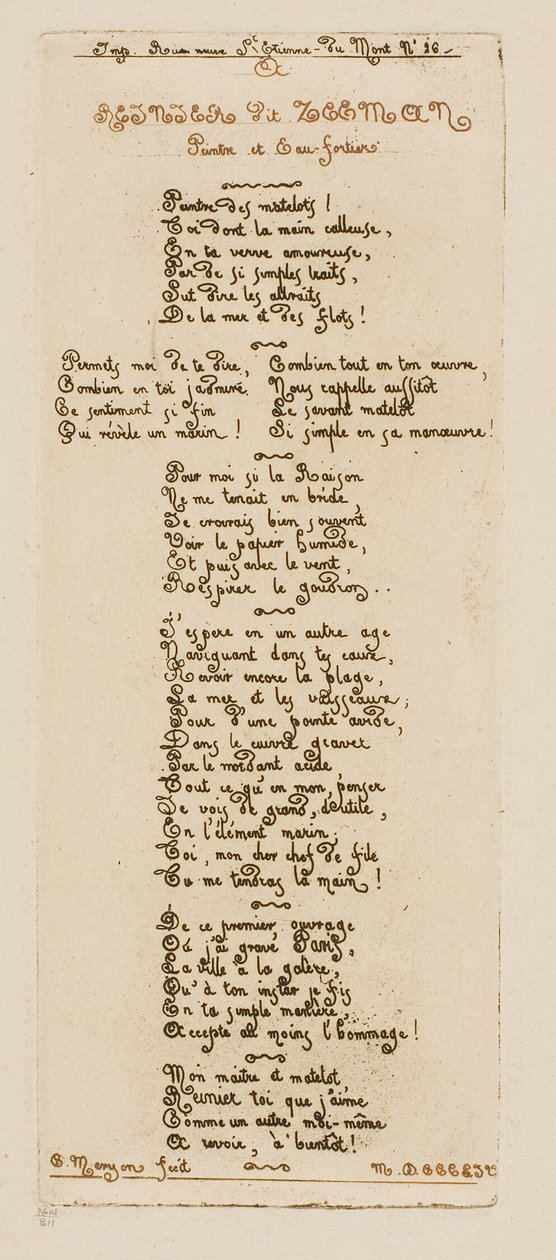 Widmungsverse von Meryon an Reinier Nooms, genannt Zeeman von Charles Meryon