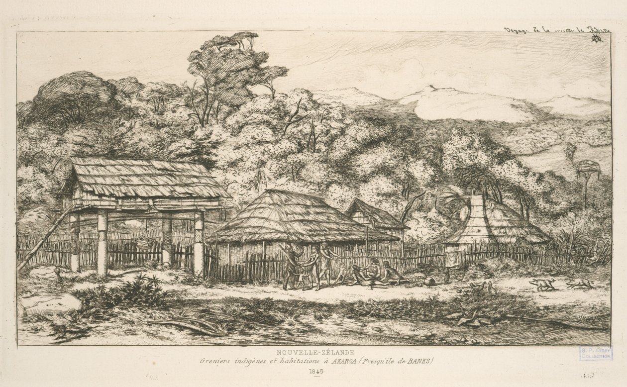 Einheimische Speicher und Behausungen in Akaroa, Banks-Halbinsel, Illustration aus 