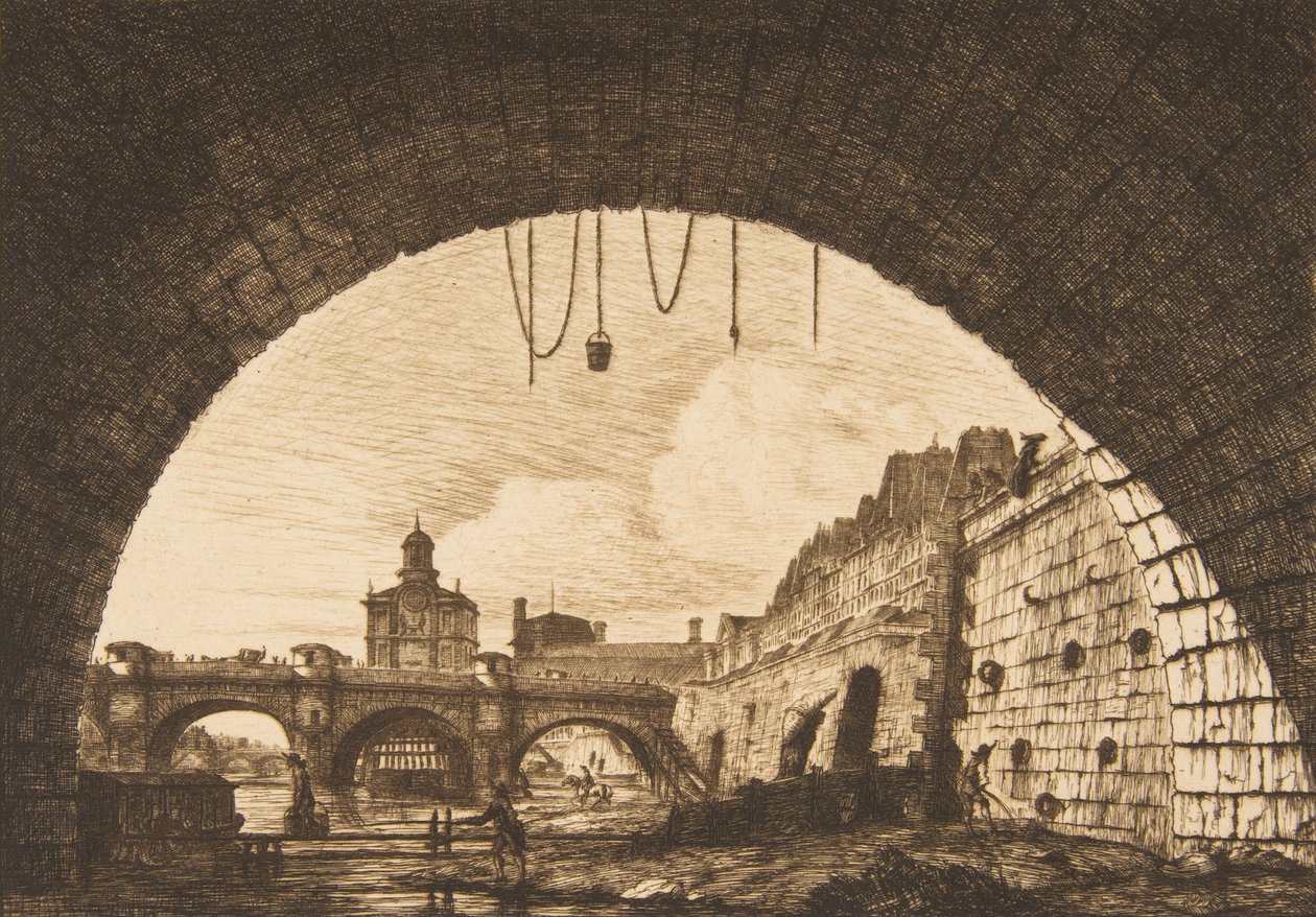 Le Pont-neuf und die Samaritaine unter dem ersten Bogen des Pont-au-Change Pont-neuf, 1855 von Charles Meryon