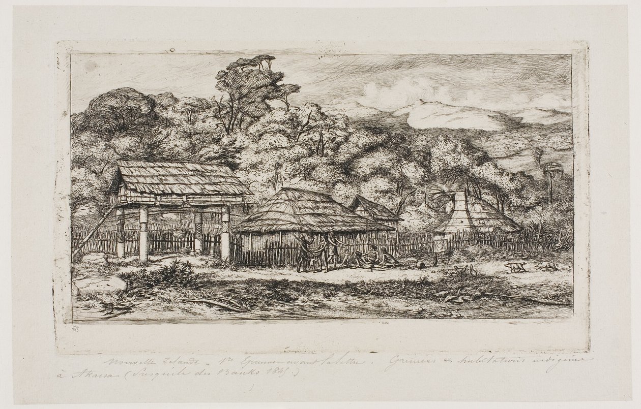 Einheimische Scheunen und Hütten in Akaroa, Banks-Halbinsel, 1845 von Charles Meryon
