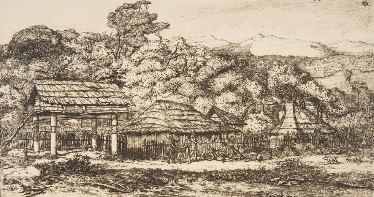 Einheimische Scheunen und Hütten in Akaroa, Banks-Halbinsel, 1845, 1860 von Charles Meryon