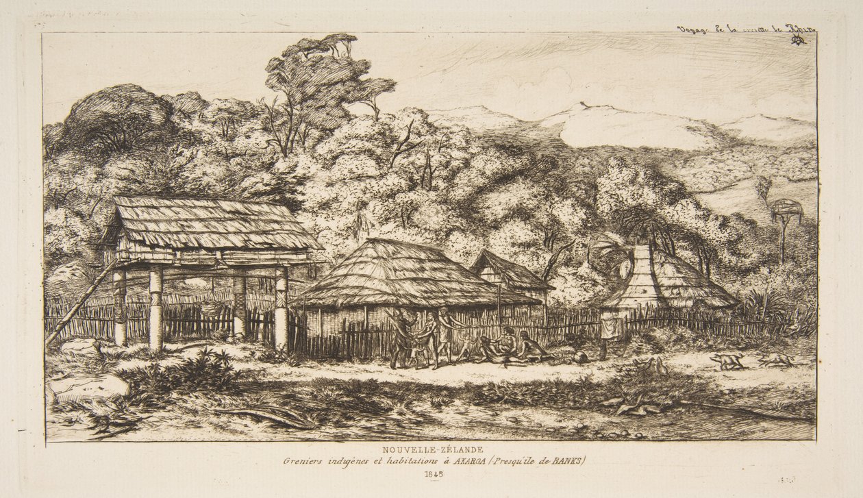 Einheimische Scheunen und Hütten in Akaroa auf der Banks-Halbinsel, 1845, aus „Die Reise nach Neuseeland (1842-46)“ von Charles Meryon