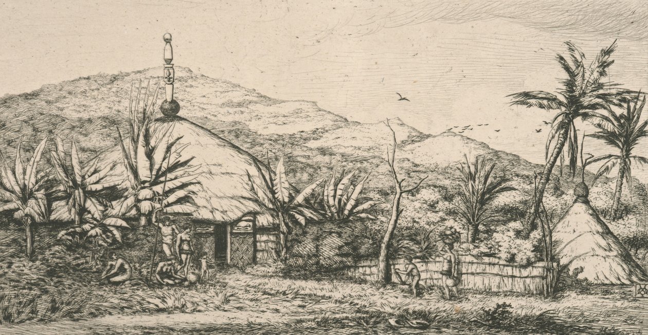 Neukaledonien, Nouvelle Calédonie: große indigene Hütte auf dem Spazierweg nach Poepo, Illustration aus "Etching of the Pacific...", 1863 von Charles Meryon