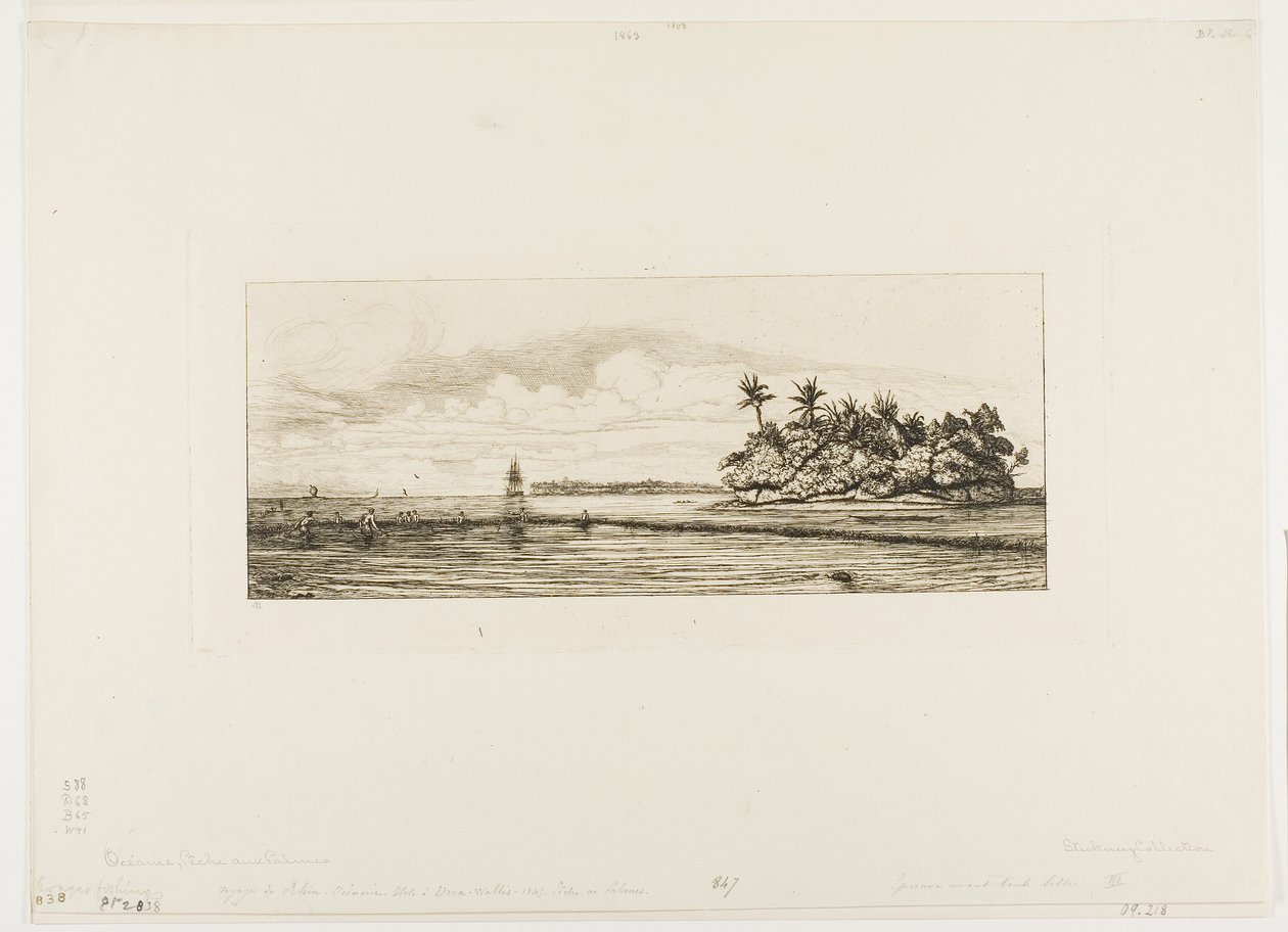 Ozeanien: Angeln, nahe Inseln mit Palmen in der Uea- oder Wallis-Gruppe, 1845 von Charles Meryon